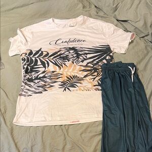 White Graphic T-Shirt and Teal Shorts Set